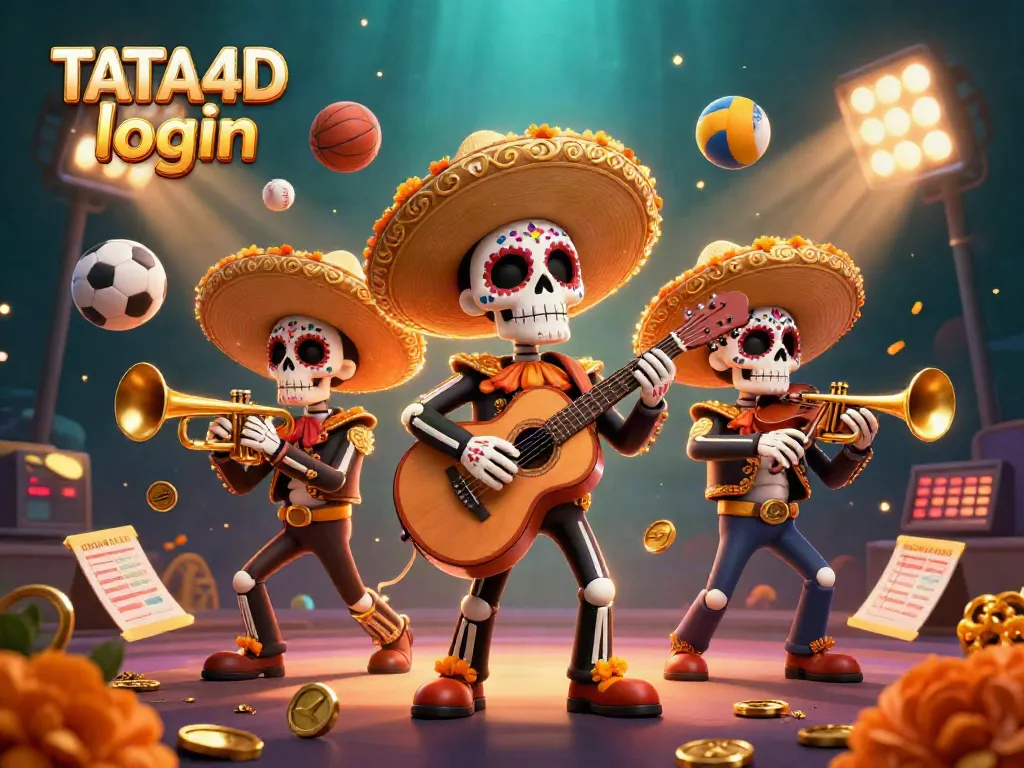 TATA4D login activates a vibrant casino atmosphere with mariachi band, sports elements, and golden trophies.